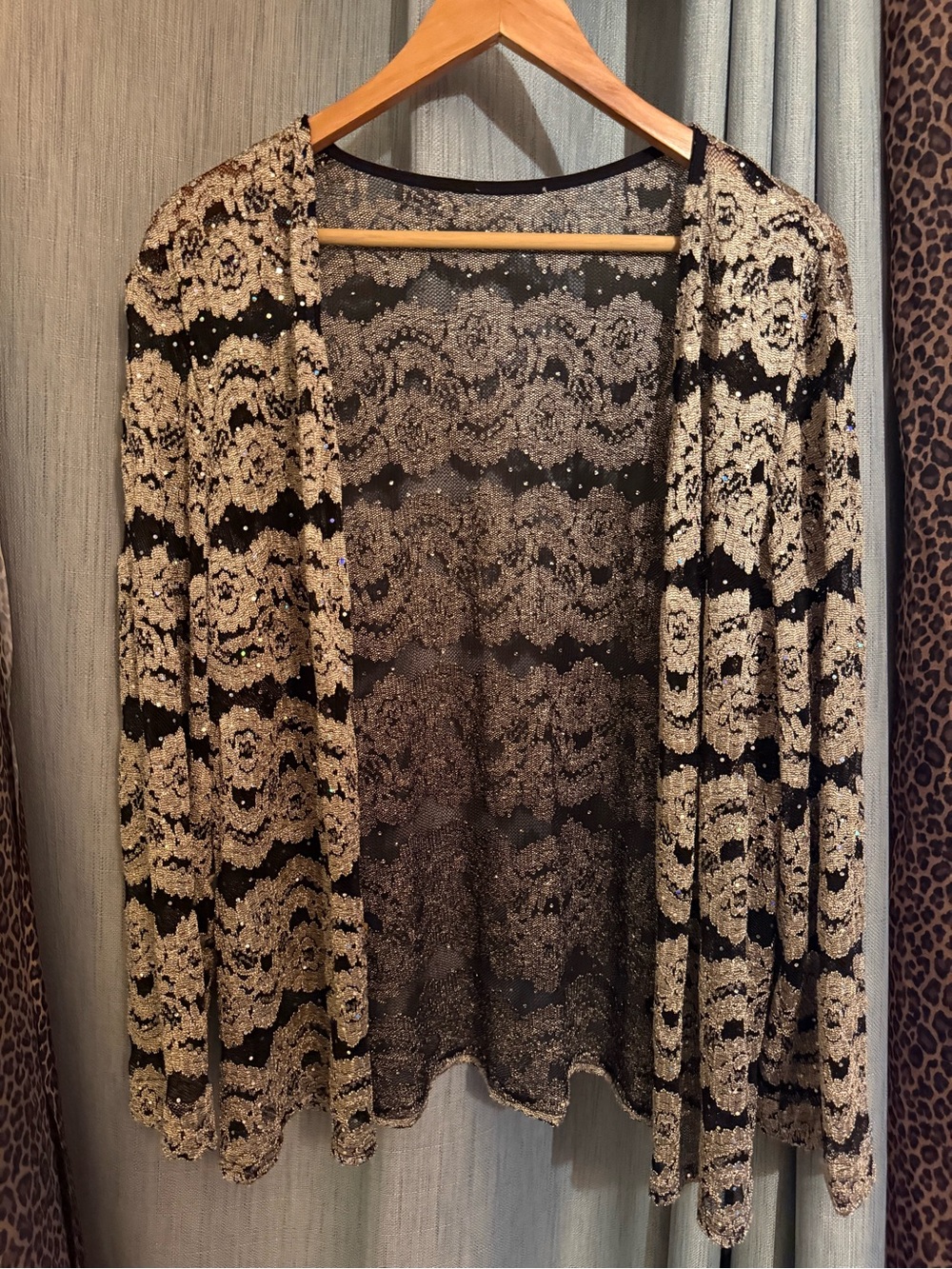 Black and Gold Lace-Pattern Open-Front Cardigan